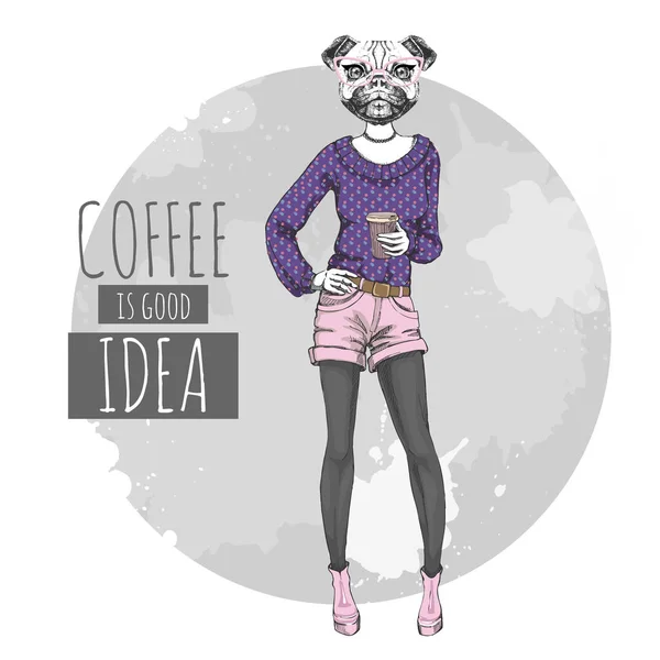 レトロな流行に敏感なファッション動物パグ犬コーヒー。女性モデル — ストックベクタ