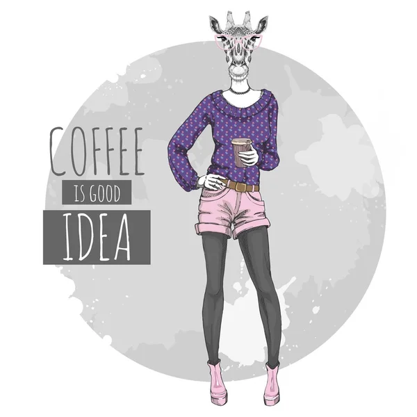 Retro Hipster moda animal girafa com café. Modelo de mulher —  Vetores de Stock