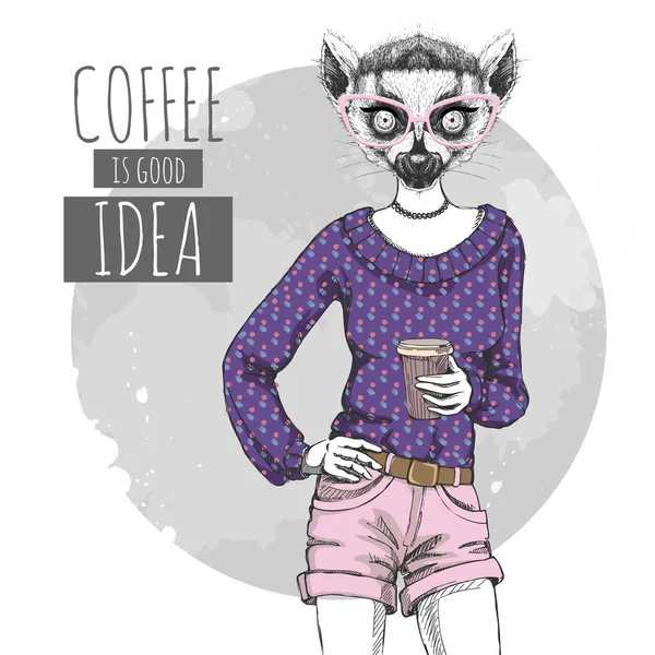 Retro Hipster lémur animal de moda con café. Modelo de mujer — Archivo Imágenes Vectoriales