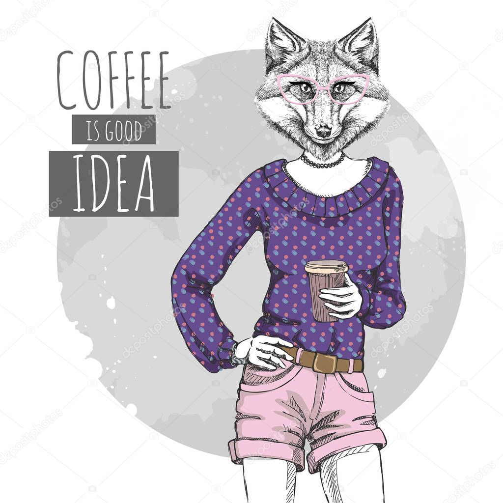 Retro Hipster fashion animal fox with coffee. Woman model