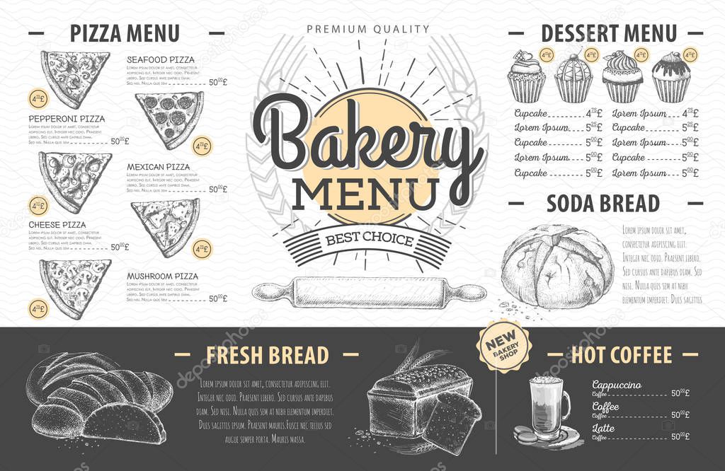 Vintage bakery menu design. Restaurant menu