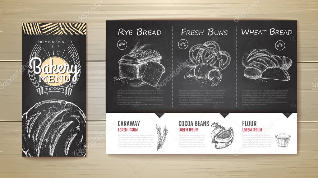 Vintage chalk drawing bakery menu design. Restaurant menu.