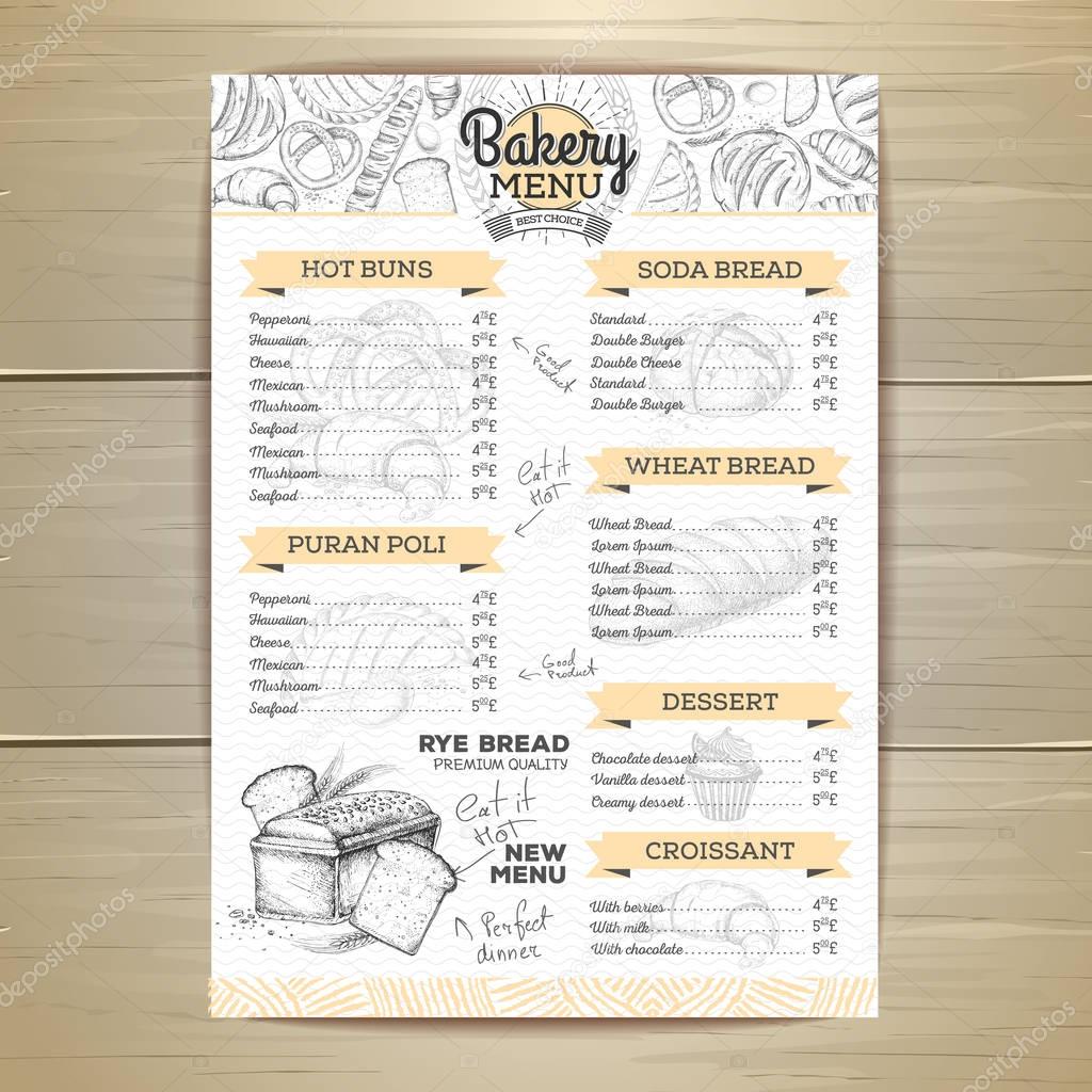 Vintage bakery menu design. Restaurant menu. Document template