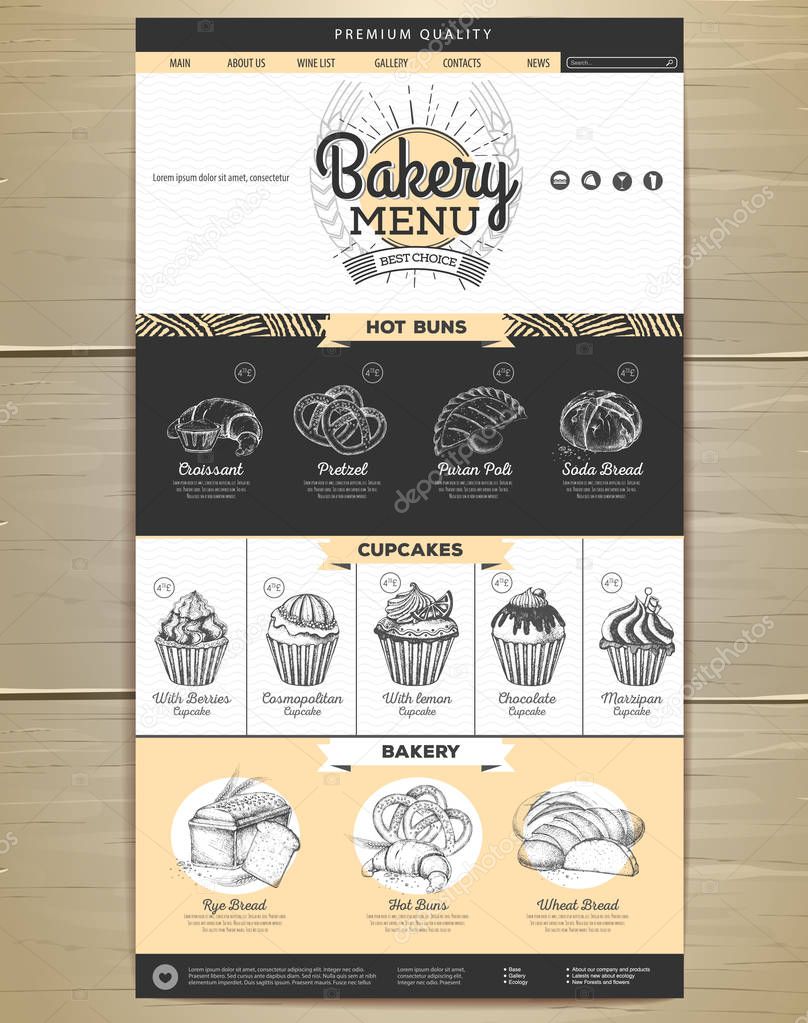 Bakery menu concept Web site design. Corporate identity.