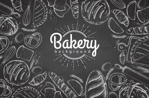 Tiza dibujo Panadería fondo. Vista superior de los productos de panadería — Archivo Imágenes Vectoriales