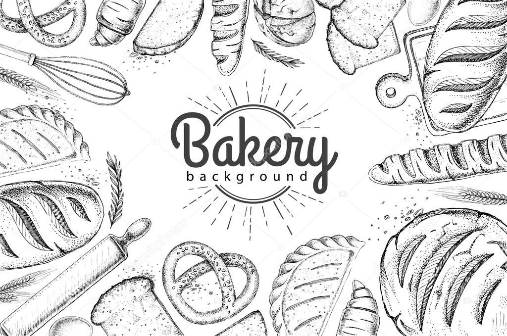 Bakery background. Top view of bakery products