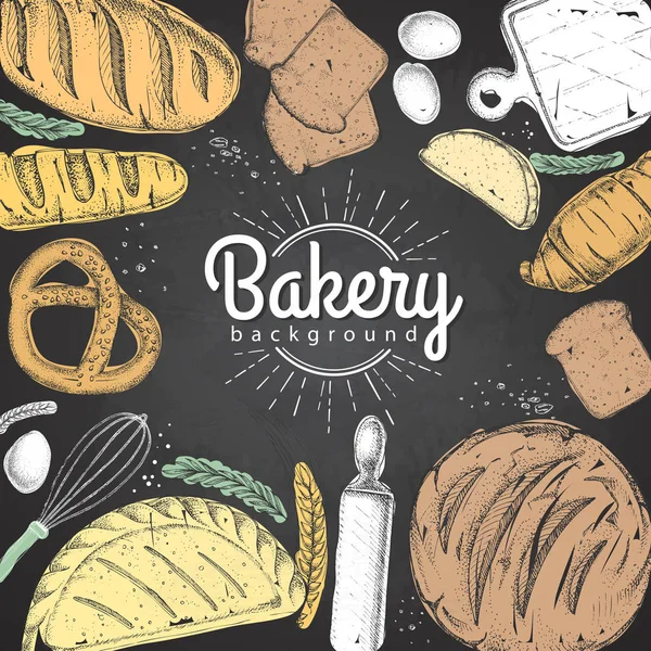 チョークは、パン屋さんの背景を描画します。ベーカリー製品のトップ ビュー — ストックベクタ