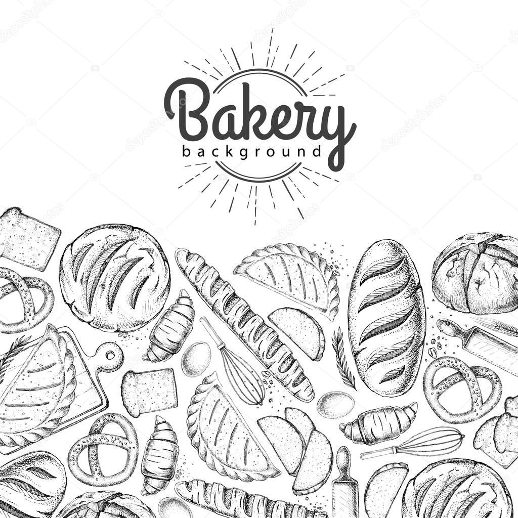 Bakery background. Top view of bakery products