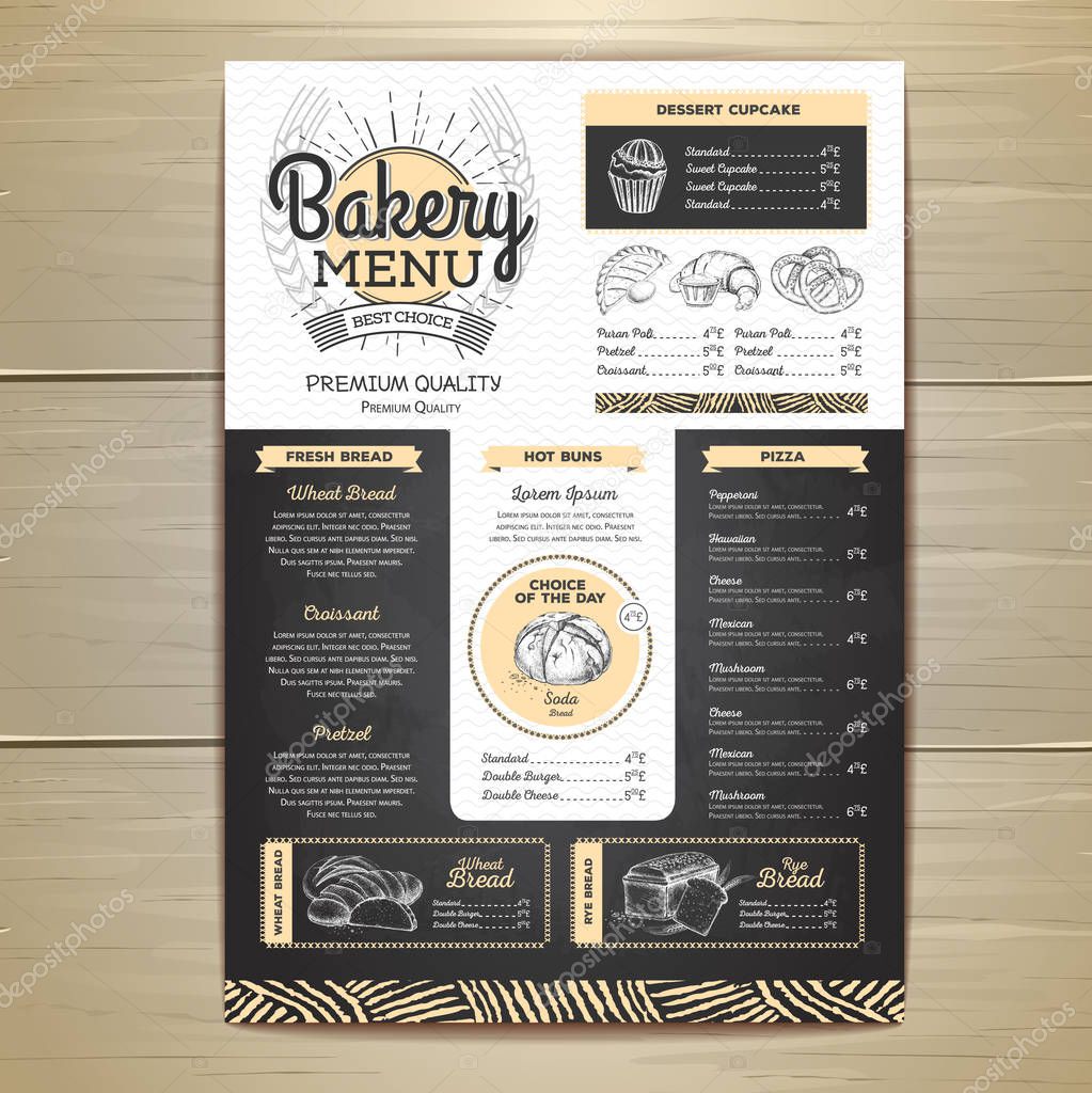 Vintage chalk drawing bakery menu design. Restaurant menu