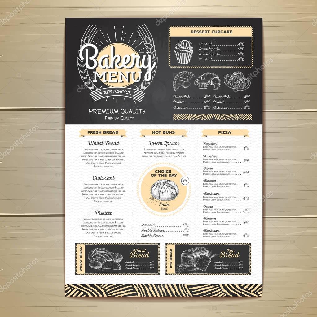 Vintage chalk drawing bakery menu design. Restaurant menu