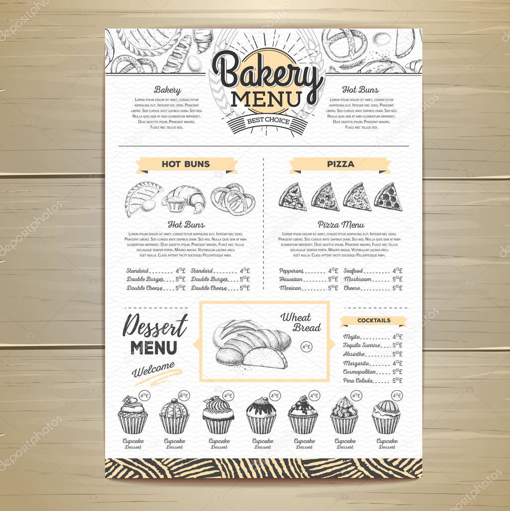 Vintage bakery menu design. Restaurant menu. Document template