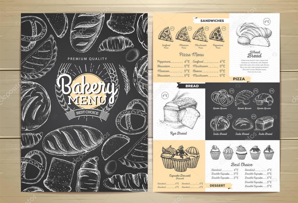 Vintage chalk drawing bakery menu design. Restaurant menu