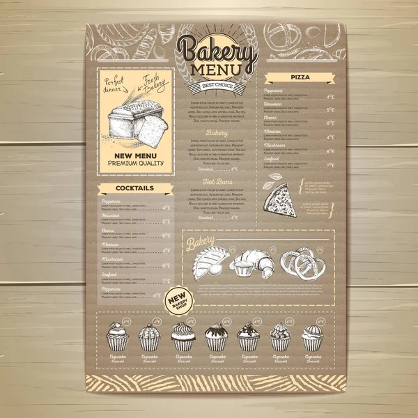 Vintage bakery menu design on cardboard background. Restaurant menu — Stock Vector