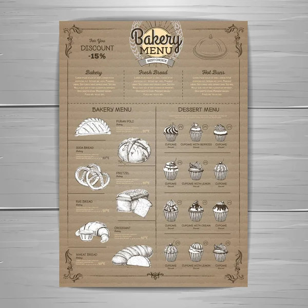 Design de menu de boulangerie vintage sur fond de carton. Menu restaurant — Image vectorielle