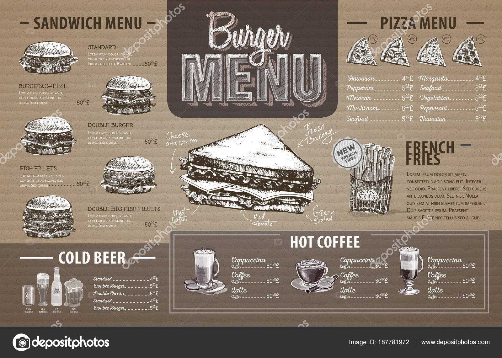 Vintage Burger Menu Design On Cardboard Fast Food Menu Stock