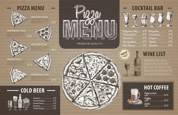 Diseño de menú de pizza vintage en cartón. Menú restaurante — Vector de stock