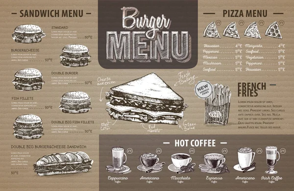 Vintage burger menu design na karton. Nabídka rychlého občerstvení — Stockový vektor