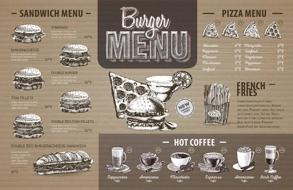 Desain menu burger vintage pada kardus. Menu makanan cepat saji - Stok Vektor