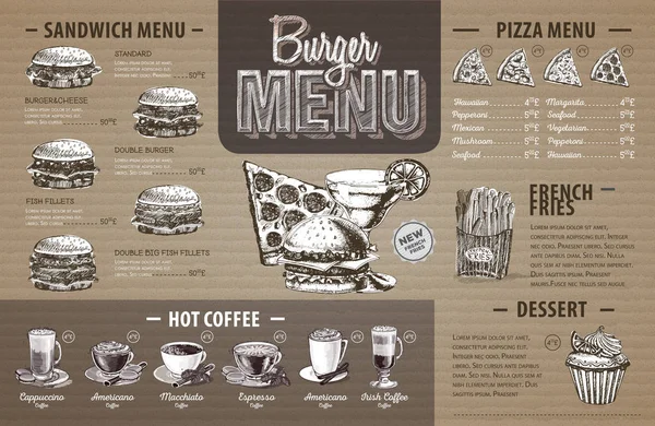 Vintage burger menu design na karton. Nabídka rychlého občerstvení — Stockový vektor