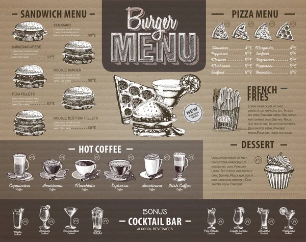 Diseño de menú de hamburguesas vintage en cartón. Menú de comida rápida — Vector de stock