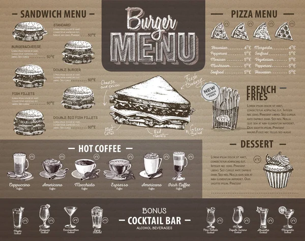 Diseño de menú de hamburguesas vintage en cartón. Menú de comida rápida — Vector de stock