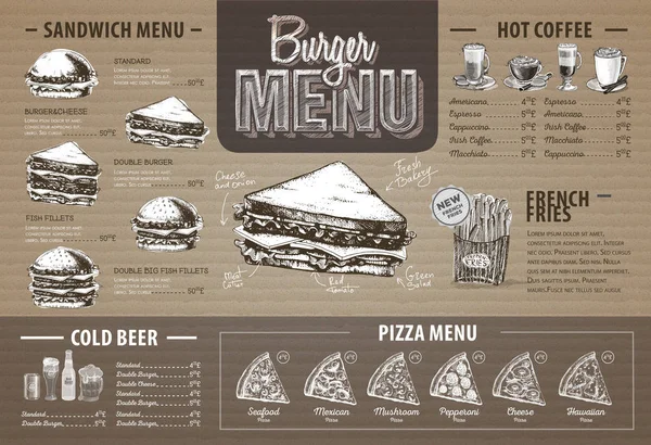 Vintage burger menu design na karton. Nabídka rychlého občerstvení — Stockový vektor