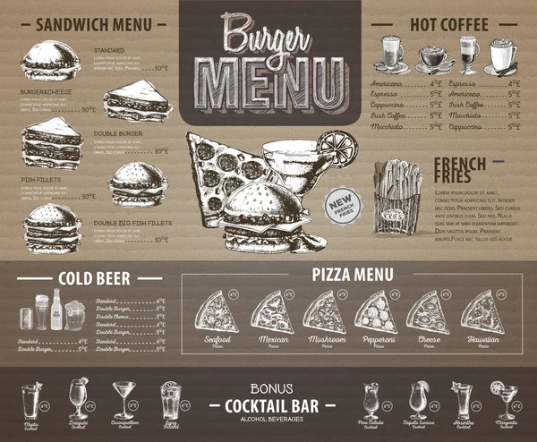 Vintage burger menu design na karton. Nabídka rychlého občerstvení — Stockový vektor