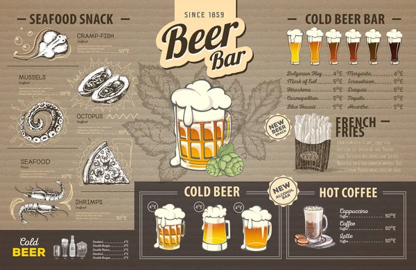 Design de menu de cerveja vintage em papelão. Menu restaurante — Vetor de Stock