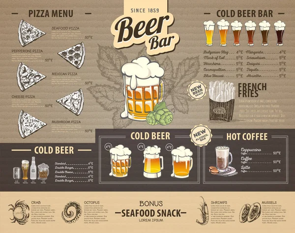 Design vintage del menu della birra su cartone. Menù ristorante — Vettoriale Stock