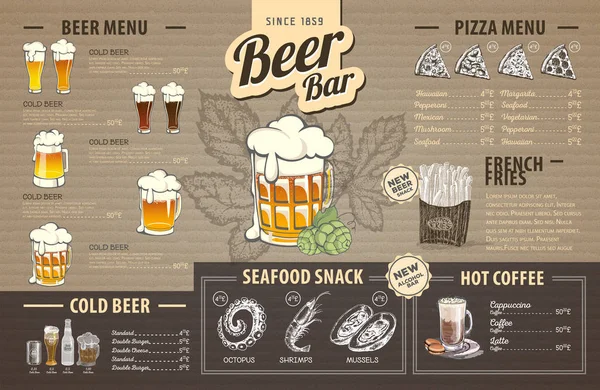 Design vintage del menu della birra su cartone. Menù ristorante — Vettoriale Stock