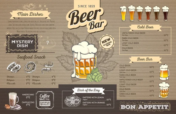 Vintage bier menu ontwerp op karton. Restaurant menu — Stockvector