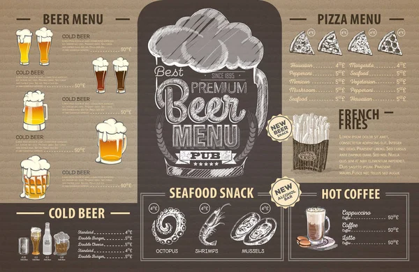 Design vintage del menu della birra su cartone. Menù ristorante — Vettoriale Stock