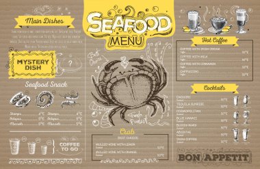 Vintage deniz ürünleri menü tasarımı karton üzerine. Restoran Menü