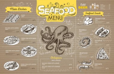 Vintage deniz ürünleri menü tasarımı karton üzerine. Restoran Menü