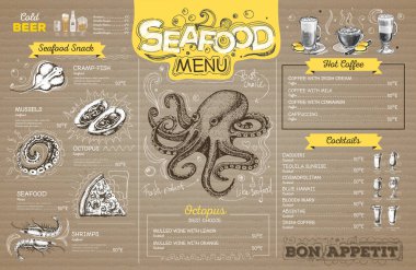 Vintage deniz ürünleri menü tasarımı karton üzerine. Restoran Menü