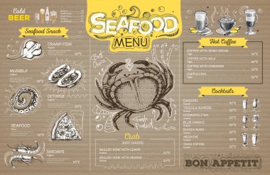 Vintage deniz ürünleri menü tasarımı karton üzerine. Restoran Menü