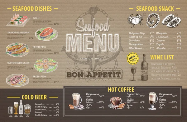 Design de menu de frutos do mar vintage em papelão. Menu restaurante — Vetor de Stock