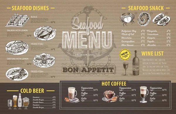 Design de menu de frutos do mar vintage em papelão. Menu restaurante — Vetor de Stock