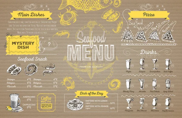 Vintage rybí menu design na karton. Menu restaurace — Stockový vektor