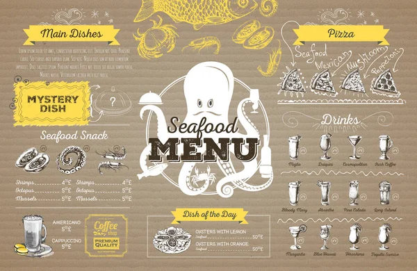 Diseño de menú de mariscos vintage en cartón. Menú restaurante — Vector de stock