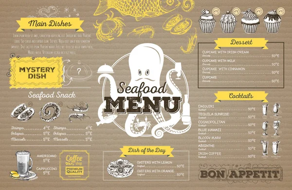 Design de menu de frutos do mar vintage em papelão. Menu restaurante — Vetor de Stock