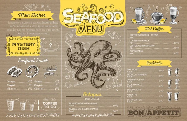 Design de menu de frutos do mar vintage em papelão. Menu restaurante — Vetor de Stock