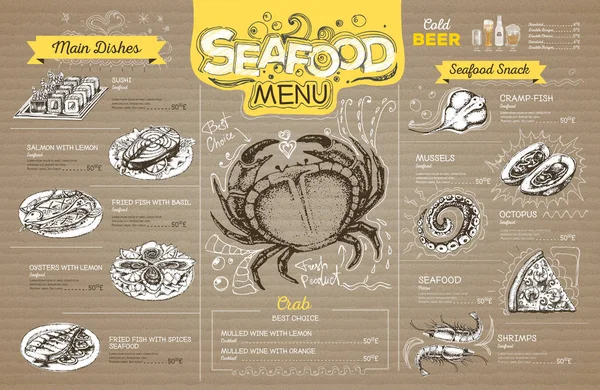Винтажные морепродукты дизайн меню на картон. Меню ресторана — стоковый вектор