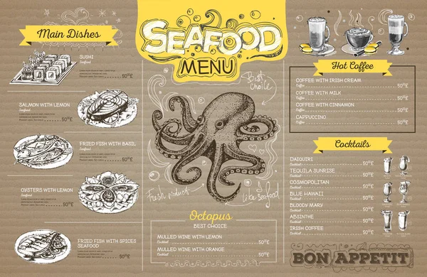 Diseño de menú de mariscos vintage en cartón. Menú restaurante — Vector de stock