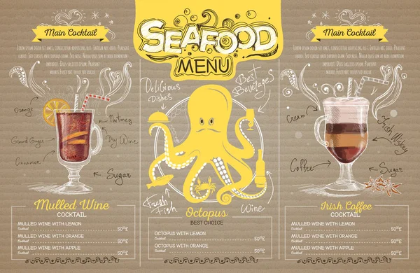 Design de menu de frutos do mar vintage em papelão. Menu restaurante — Vetor de Stock