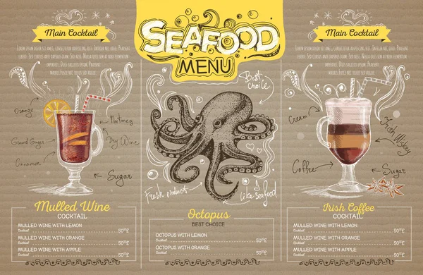 Design de menu de fruits de mer vintage sur carton. Menu restaurant — Image vectorielle