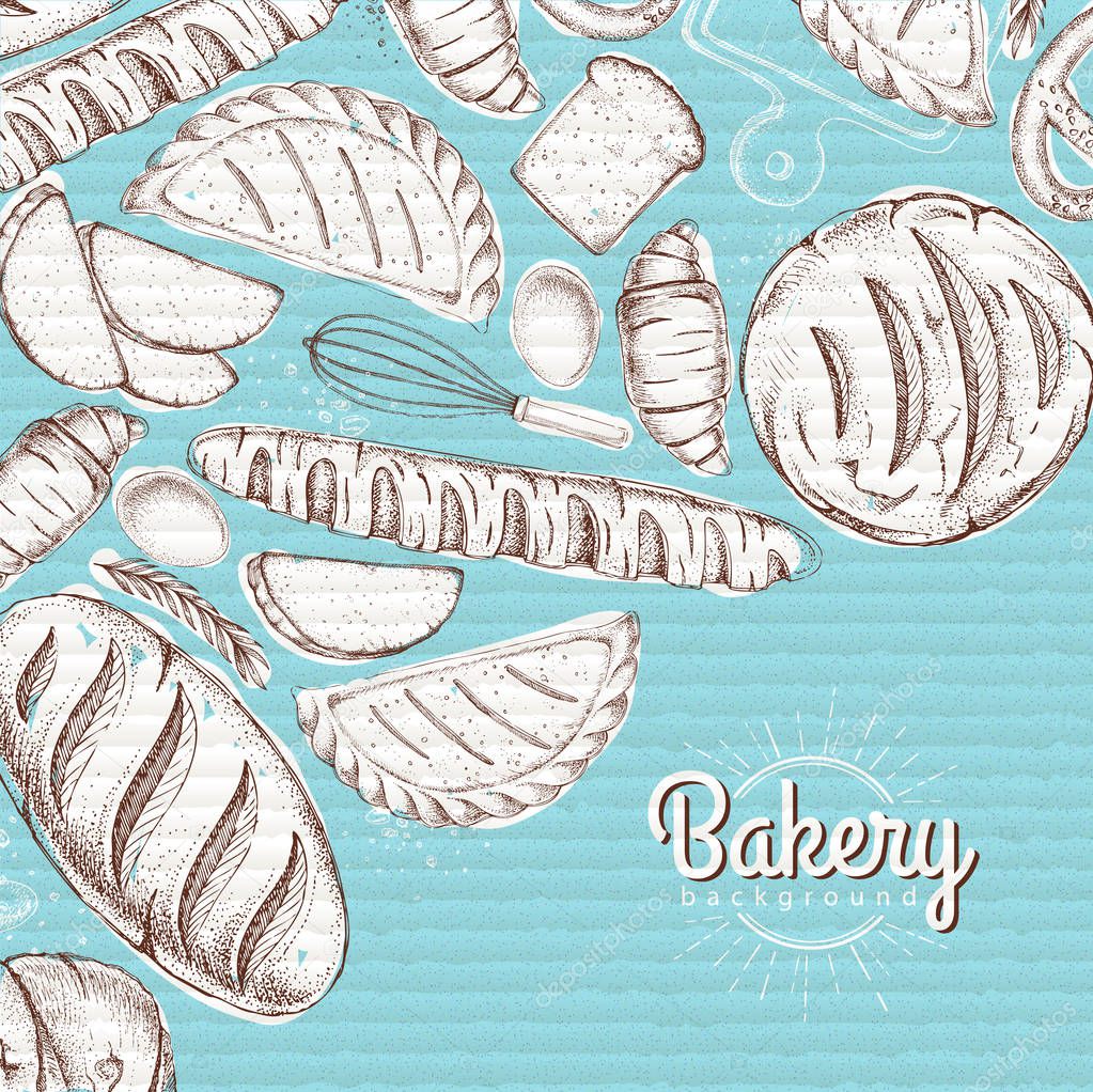 Bakery background. Top view of bakery products on cardboard background