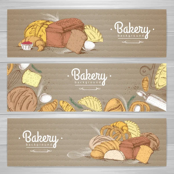 Ensemble de bannières de boulangerie rétro sur carton. Illustration des produits de boulangerie — Image vectorielle