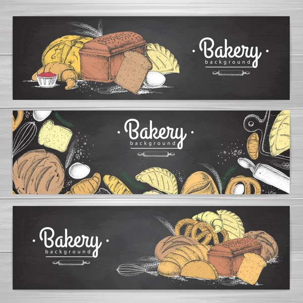 Set aus Retro-Kreide, das Bäckereibanner zeichnet. Backwaren Illustration — Stockvektor
