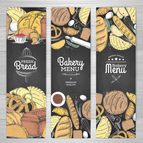 Ensemble de bannières de boulangerie dessin craie rétro. Illustration des produits de boulangerie — Image vectorielle